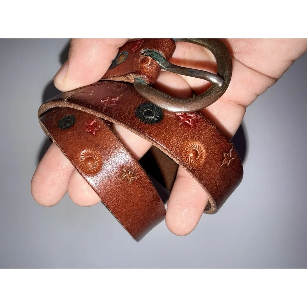 Tooled Leather Belt Red Stars Western Cowgirl Brown‎ Vtg Slim 37